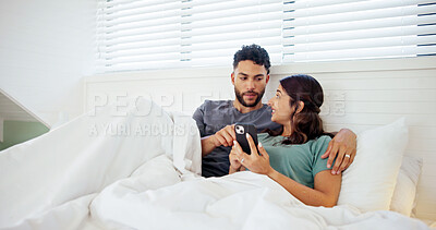 Buy stock photo Happy, phone and couple in bed in morning for social media, online website and internet in home. Relax, wake up and man and woman on smartphone for reading chat, bonding and relationship on weekend