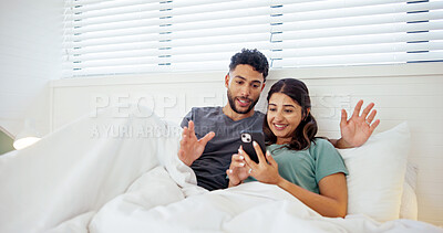 Buy stock photo Relax, phone and couple in bed in morning for social media, online website and internet in home. Happy, wake up and man and woman on smartphone for reading chat, bonding and relationship on weekend