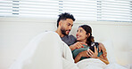 Talking, phone and couple in bed in morning for social media, online website and internet in home. Happy, wake up and man and woman on smartphone for relaxing, bonding and relationship on weekend
