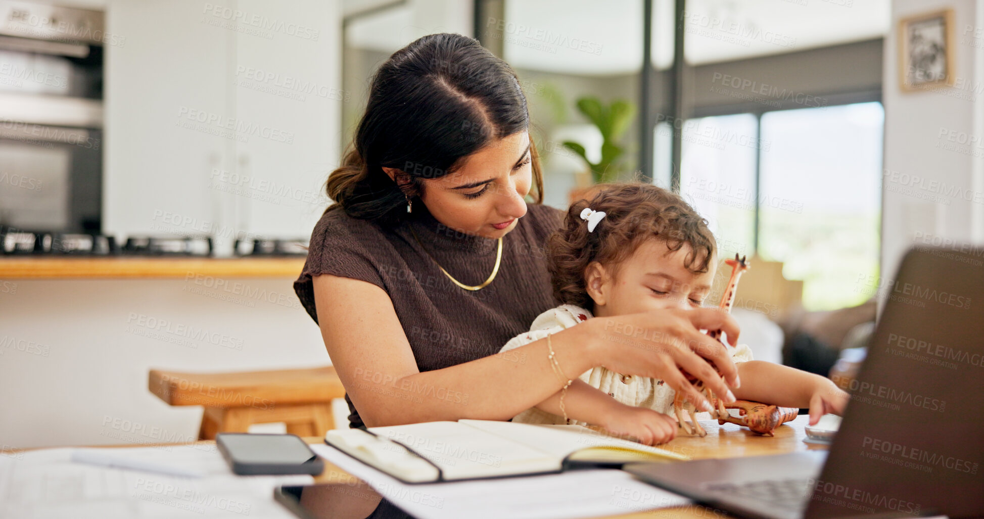 Buy stock photo Laptop, remote work or toys with mother and baby in home for development of small business. Busy, computer or playing with single parent and girl child in apartment for freelance or startup career