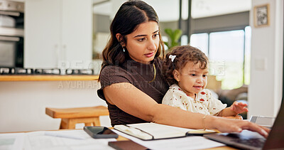 Buy stock photo Laptop, multitask or remote work with mother and baby in home for development of small business. Busy, computer or typing with single parent and child in apartment for freelance or startup career