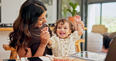 Buy stock photo Celebration, multitask or remote work with mother and baby in home for development of small business. Cheering, hands raised or success with single parent and child in apartment for freelance career