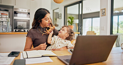 Buy stock photo Multitask, remote work or toys with mother and baby in home for development of small business. Laptop, playful or surprise with single parent and child in apartment for freelance or startup