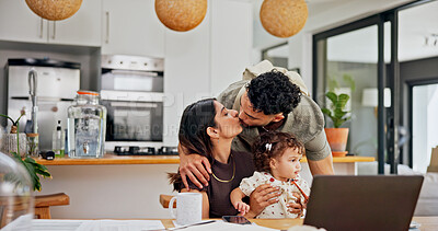 Buy stock photo Remote work from home, baby and parents with kiss, laptop and romance with start to day. Kid, mother and father with kid, relationship and morning with pc, family and coffee with love and couple