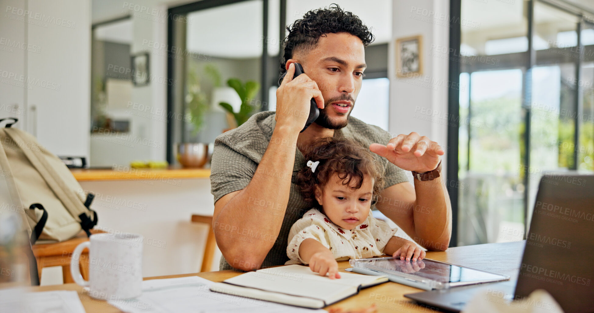 Buy stock photo Talking, baby or dad with phone call or laptop for remote work, freelance or business in home. Online, single parent or father juggling parenting task for project deadline, planning or multitasking