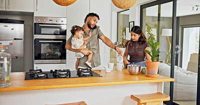 Buy stock photo Busy morning, phone call and father with baby, mother and chaos with deadline, communication and newborn. Parent, mama and dad with kid, cellphone and coffee in kitchen, home and multitasking