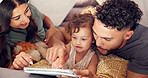 Tent, parents and tablet with baby in home for bonding together, games app and connection with trust. Tech, people and fun activity with child in blanket fort for happy relationship, love or care