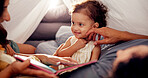 Tent, parents and love with baby in home for bonding together, story time and connection with trust. Book, people and fun activity with child in blanket fort for happy relationship, smile or care