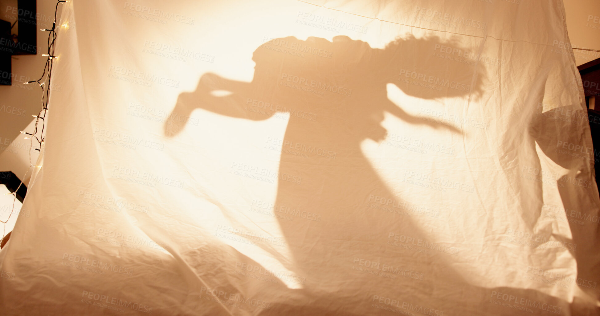 Buy stock photo Shadow, family and playing game in home with flying activity, fantasy airplane and childhood imagination. People, child or balance in air in blanket fort with trust, weekend adventure or relationship