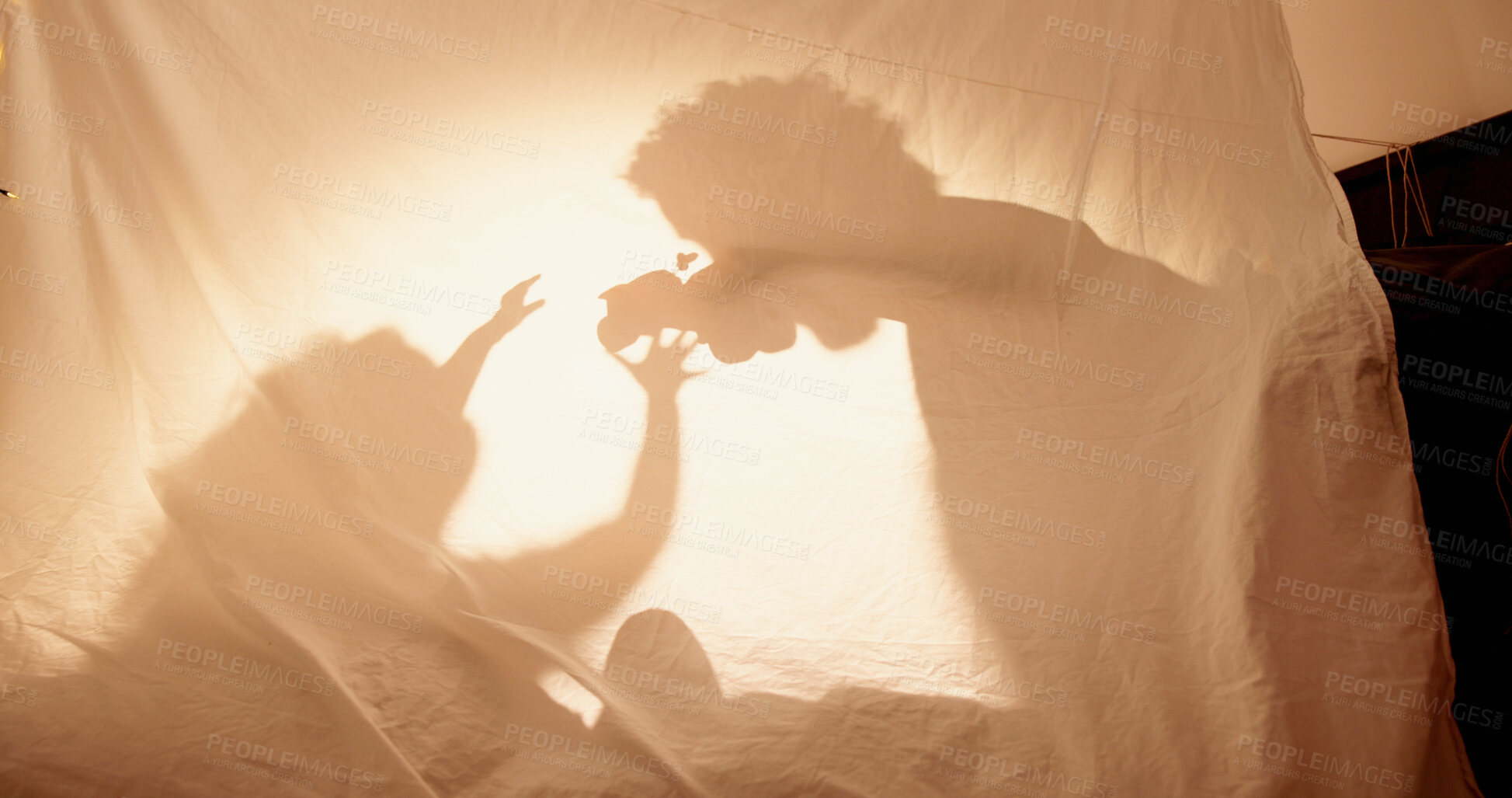 Buy stock photo Toys, parent and child with shadow for playing, imaginary scenario and bonding together in tent. Home, person and kid with childhood games for fantasy, creativity and relationship in blanket fort