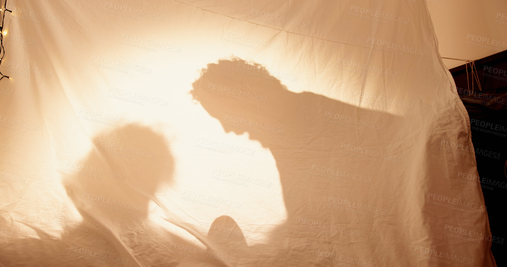 Buy stock photo Family, shadow and playing with kid in tent for bonding, storytelling and childhood adventure. People, parent and child in blanket fort with fantasy activity, imagination and weekend break in home