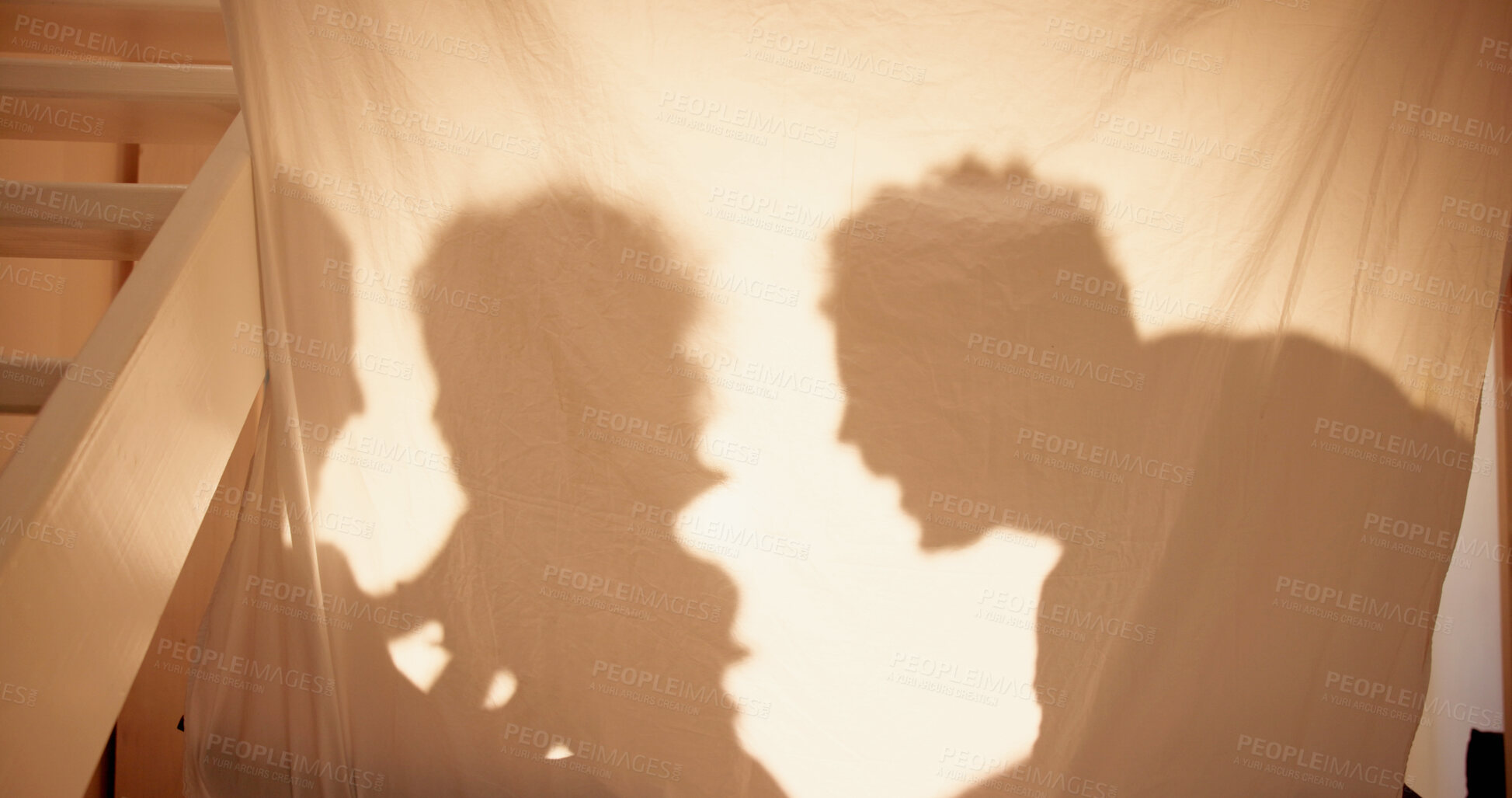 Buy stock photo Shadow, tent and parents with kid, happiness and bonding together with joy, home and fun. Weekend break, mother and father with baby, child development and storytelling with love, cheerful and games