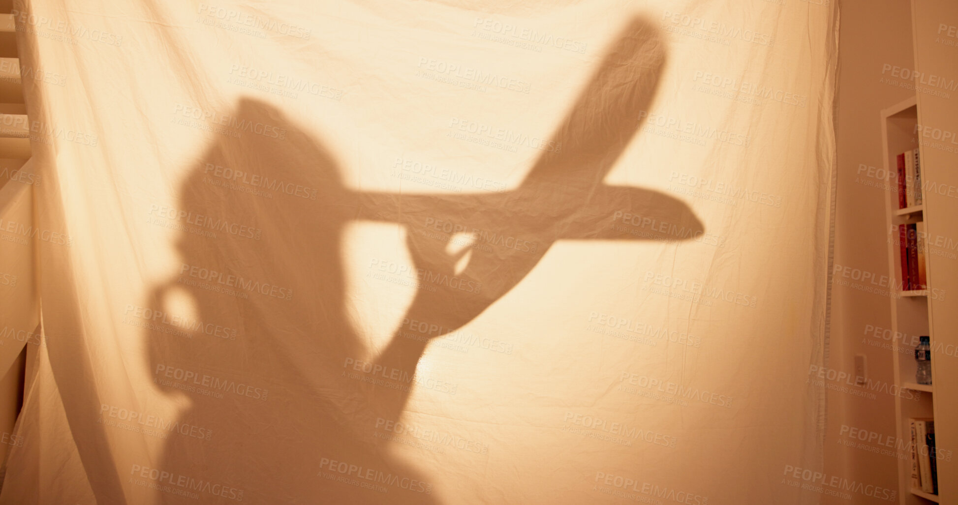 Buy stock photo Home, tent and child with shadow for toys, childhood activity and playful with imaginary fun. House, kid and game with airplane for flying, curiosity and development with fantasy in apartment