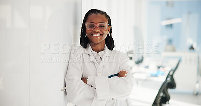 Buy stock photo Portrait, science and black woman in lab, arms crossed and researcher with confidence. Face, African person and employee with pride, pathology and career ambition with female empowerment and biotech