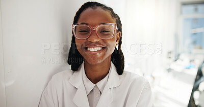 Buy stock photo Science, black woman and happy portrait in laboratory for clinical trial, cure development and medical research. Pharma intern, person and pride for chemical study, healthcare and professional career