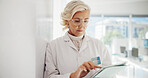 Researcher, biotech and woman in lab, tablet and scroll with results for experiment. Mature person, scientist or employee in workplace, chemistry or digital app with test schedule, internet or expert