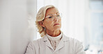 Thinking, woman and scientist in laboratory with research, experiment or project with ideas. Planning, brainstorming and professional mature female chemist with problem solving for medical innovation
