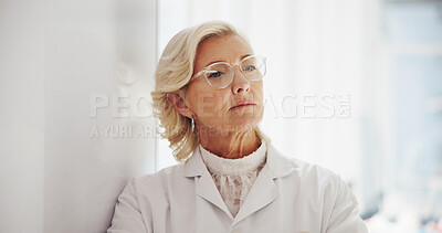Buy stock photo Thinking, woman and scientist in laboratory with research, experiment or project with ideas. Planning, brainstorming and professional mature female chemist with problem solving for medical innovation