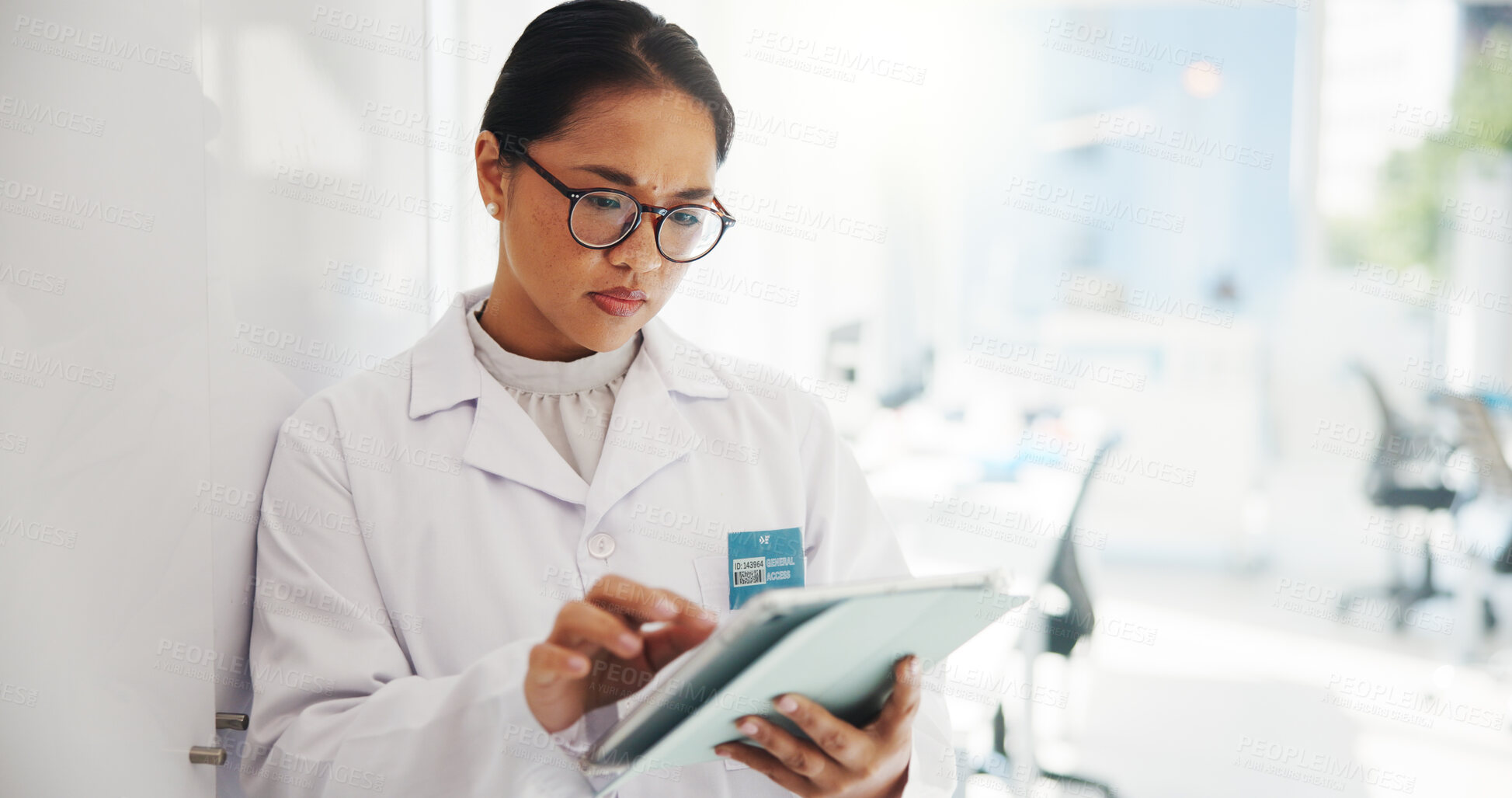 Buy stock photo Researcher, science and woman in lab, tablet and scroll with results for experiment. Person, scientist and employee in workplace, biotech or app with medical test, research or expert with chemistry