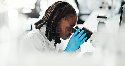 Buy stock photo Microscope, scientist and black woman with medical experiment, healthcare innovation or chemistry research. Science, laboratory and microbiology for medicine development, pharma study or dna analysis