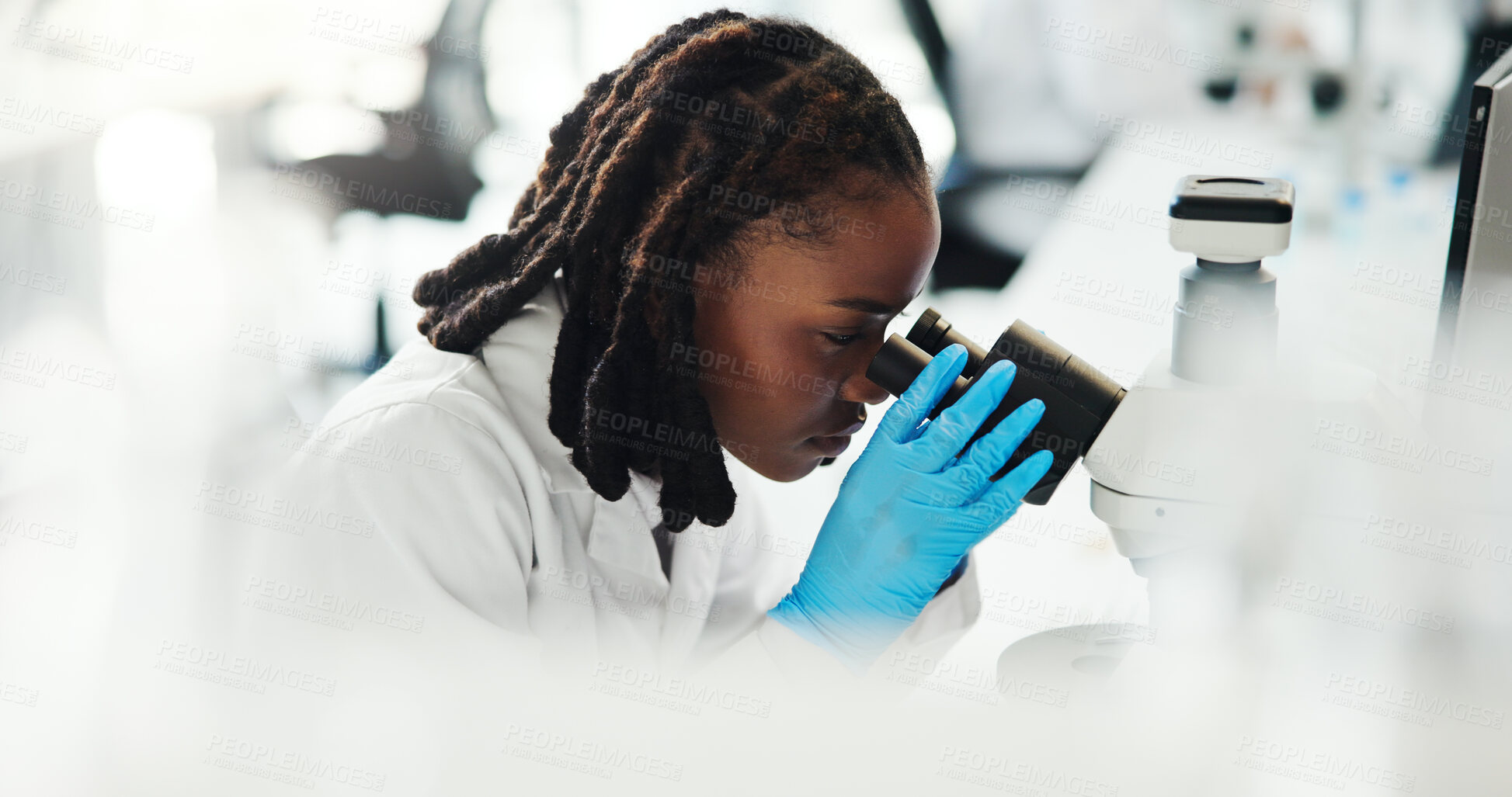 Buy stock photo Microscope, scientist and black woman with medical experiment, healthcare innovation or chemistry research. Science, laboratory and microbiology for medicine development, pharma study or dna analysis