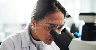 Buy stock photo Microscope, scientist and woman with research, healthcare innovation and chemistry experiment. Science, laboratory and microbiology for medical development, pharma study and test with biotechnology
