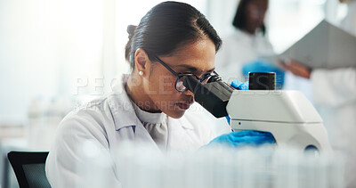 Buy stock photo Microscope, scientist and woman with test for research in laboratory, healthcare and medical innovation. Science, experiment and microbiology for drugs development, pharma study and biotechnology