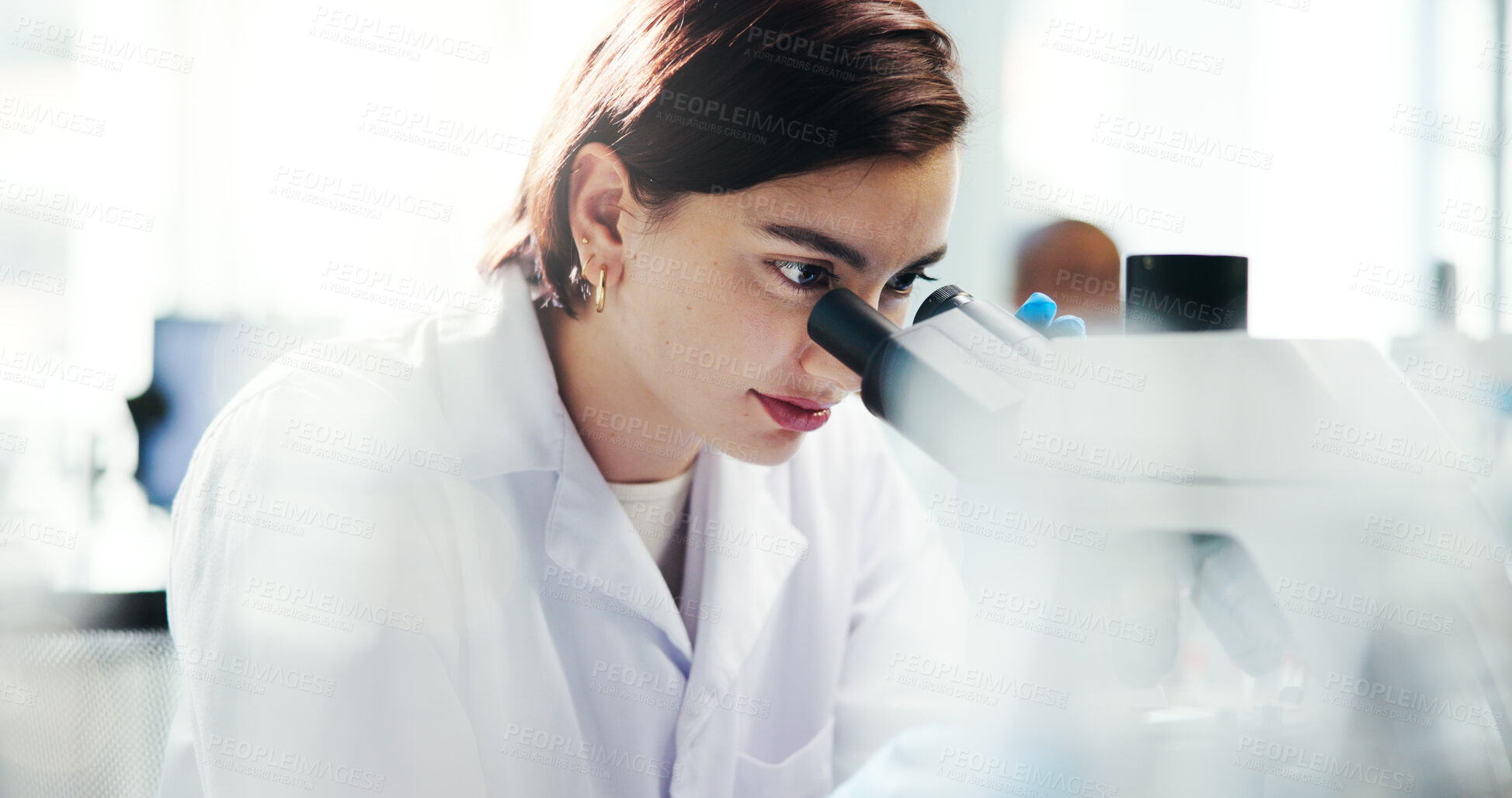 Buy stock photo Microscope, science and woman with test for research in laboratory, healthcare and medical innovation. Scientist, experiment and microbiology for cure development, pharma study and biotechnology exam