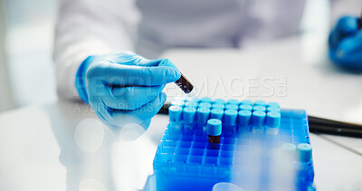 Buy stock photo Scientist, hand and blood vial for test, gloves and person with medicine cure, science or medical research. Closeup, sample or exam in laboratory for paternity, doctor and dna for genetics results