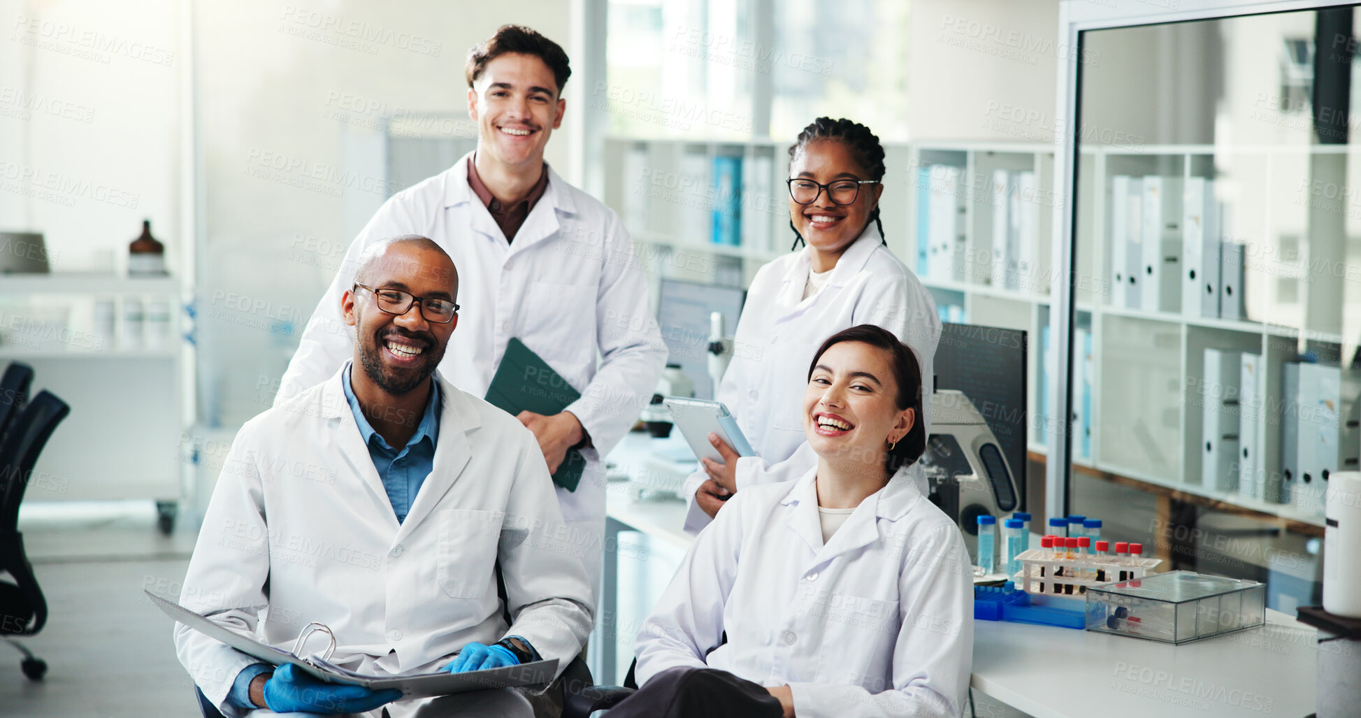 Buy stock photo Happy, diversity and team of scientists in laboratory for internship with mentor for medical innovation. Collaboration, portrait and chemist students with lecturer for healthcare research or project.