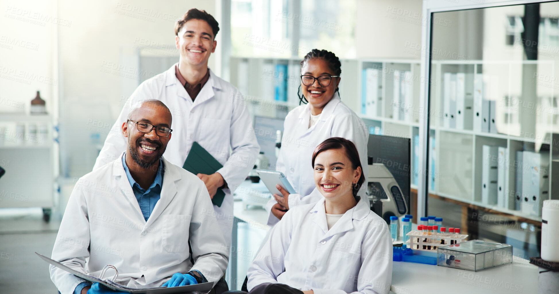 Buy stock photo Smile, diversity and team of scientists in laboratory for internship with mentor for medical innovation. Collaboration, portrait and chemist students with lecturer for healthcare research or project.