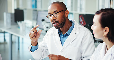 Buy stock photo Team, scientist and people with medical discussion for research, healthcare innovation or chemistry. Science, lab and collaboration for planning development, pharma study or brainstorming solution