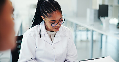Buy stock photo Woman, doctor and reading information with healthcare training, teaching lesson and study report. Person, notes and student with medical education, class learning and feedback for internship progress