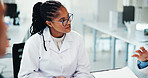 Team, scientist and woman with medical discussion for research, healthcare innovation or chemistry. Science, lab and collaboration for planning development, study or listening to solution with hand