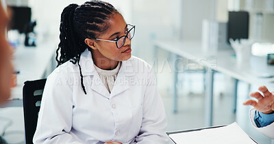 Buy stock photo Team, scientist or woman with medical discussion for research, healthcare innovation or chemistry. Science, lab or collaboration for planning development, study or listening to solution with feedback