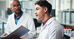 Team, scientist and men with medical discussion for research, healthcare innovation or chemistry. Science, laboratory or collaboration for planning development, pharma study or brainstorming solution