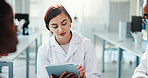 Team, scientist and woman with tablet for medical research, healthcare innovation and chemistry. Science, technology and collaboration in lab for planning development, pharma and experiment results