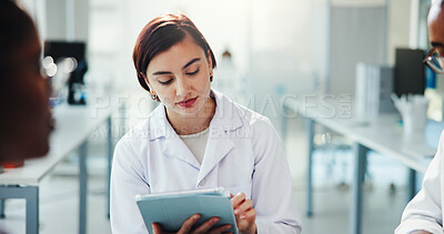 Buy stock photo Team, scientist and woman with tablet for medical research, healthcare innovation and chemistry. Science, technology and collaboration in lab for planning development, pharma and experiment results