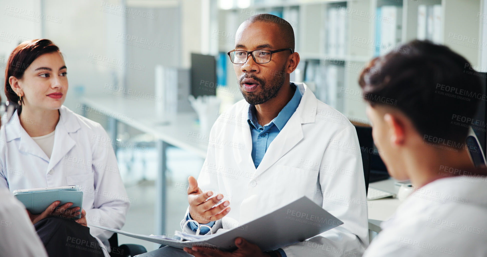 Buy stock photo Group, scientist and medical discussion with document for research, healthcare innovation and chemistry. Science, lab and collaboration for planning development, pharma and brainstorming with folder