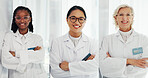 Happy, women and team of scientists in laboratory for internship with mentor for medical innovation. Crossed arms, portrait and female chemists with lecturer for medical research or project.