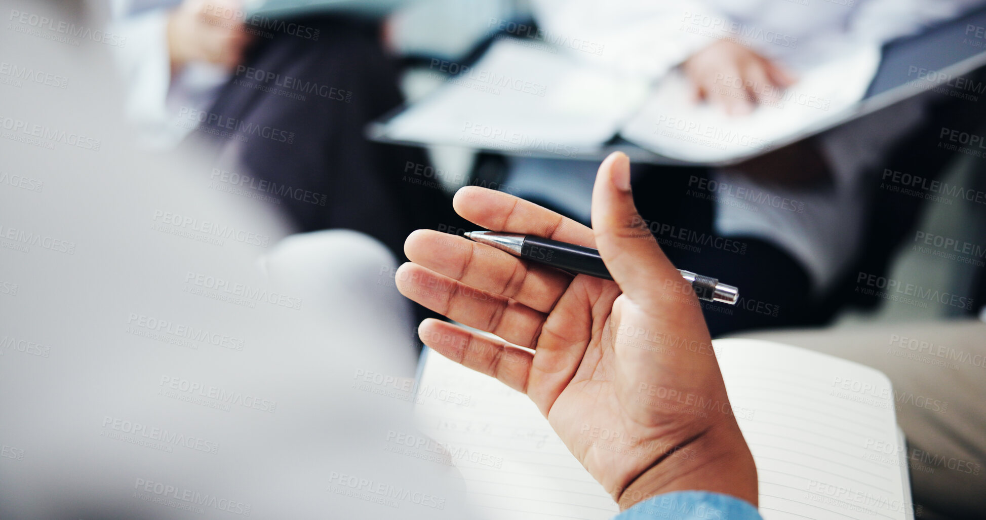 Buy stock photo Hands, doctor and explain with book for healthcare training, teaching lesson and study information. Teacher, notes and group of students for medical education, class checklist and feedback of interns