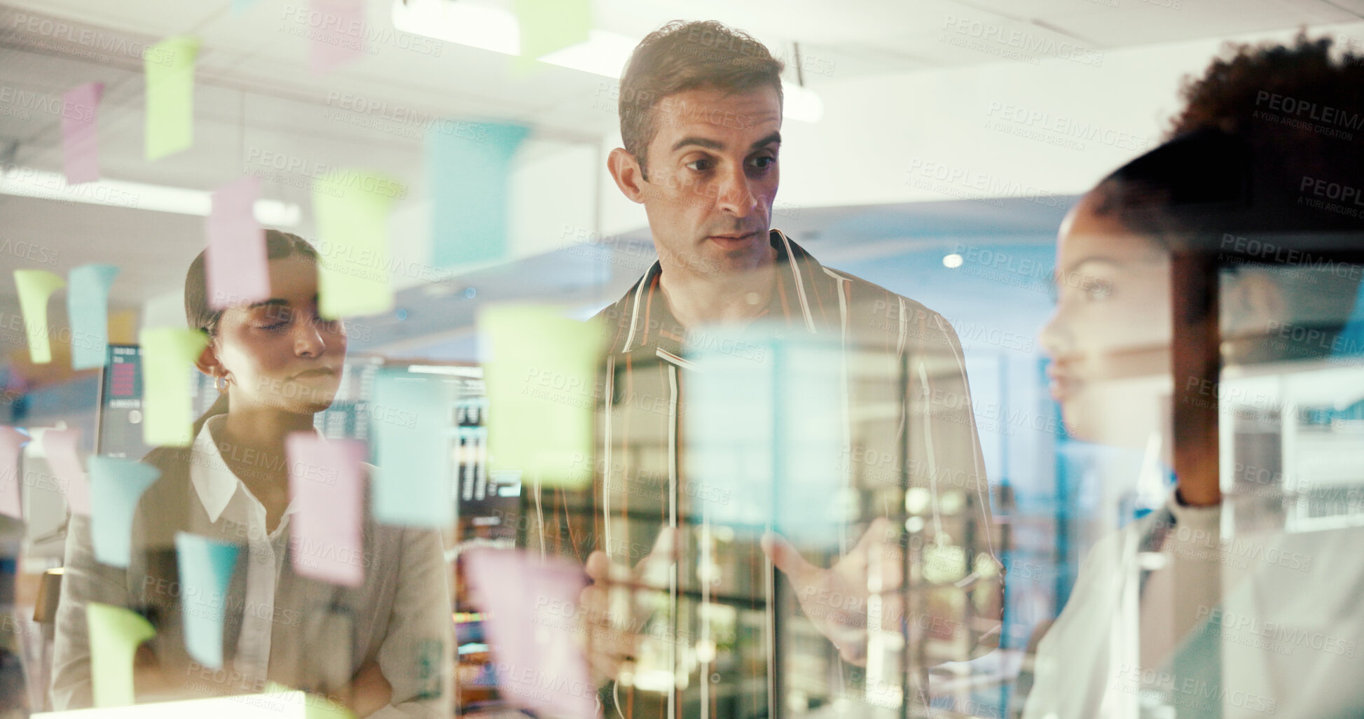 Buy stock photo Business people, glass board and brainstorming in office, conversation and planning for project. Employees, coworking or group with ideas, sticky notes or collaboration with event schedule or startup