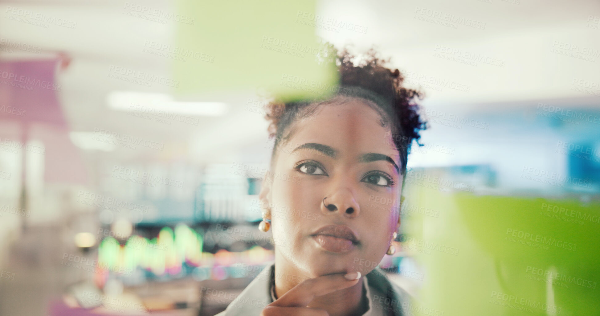 Buy stock photo Thinking, reading and woman with sticky notes, business and plan for project with info or media coordinator. Marketing strategy, schedule and serious for campaign in office, glass or person with idea