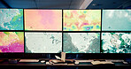 Computer, screen and data with map, control room and broadcast for news research. Ecology, environment and weather science with forecast for report, meteorology update and climate change satellite