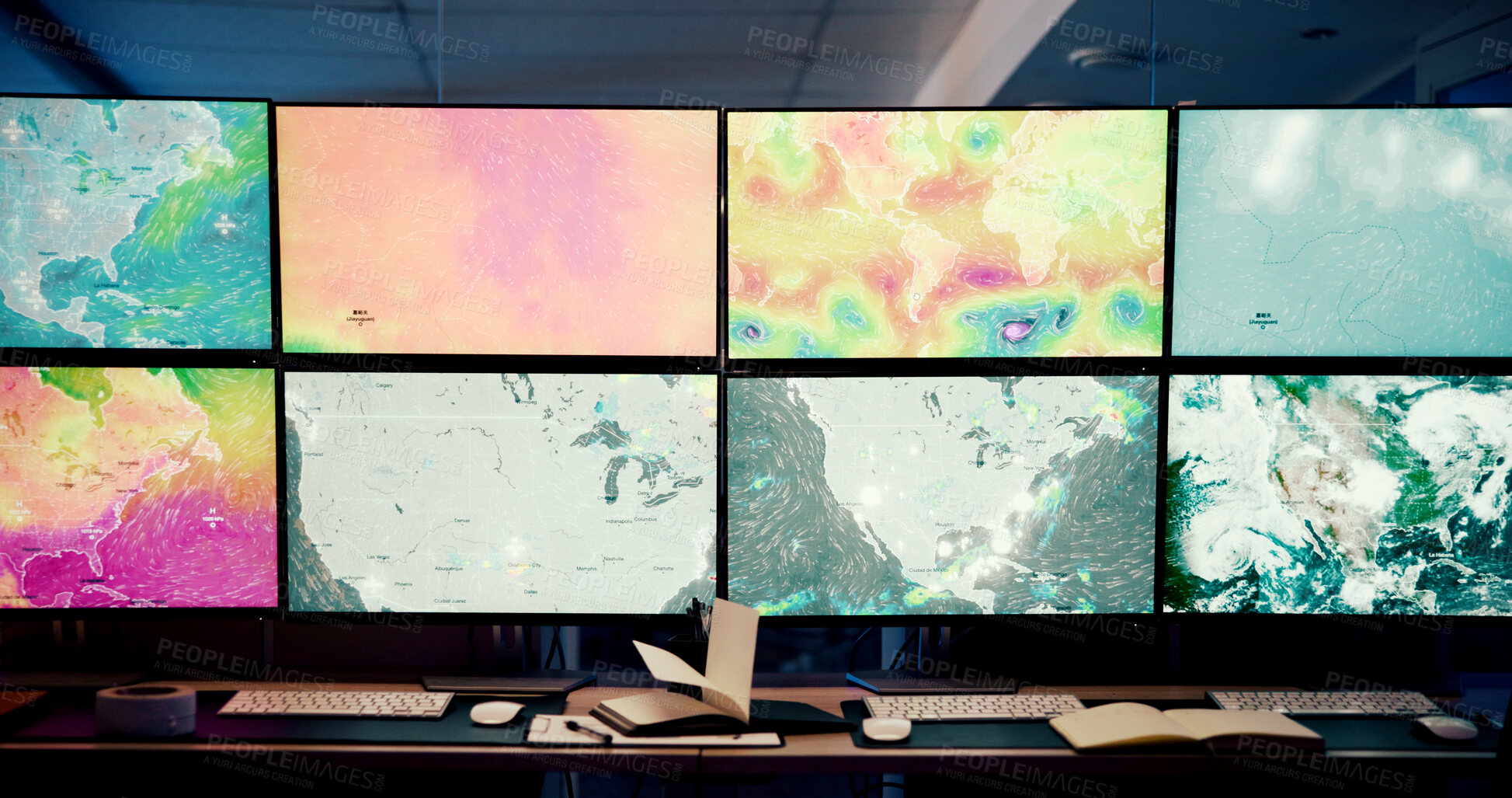 Buy stock photo Computer, screen and data with map, control room and broadcast for news research. Ecology, environment and weather science with forecast for report, meteorology update and climate change satellite