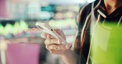 Buy stock photo Business, hands and man in office, cellphone and message to contact, media agency and app. Closeup, journalist and person in workplace, smartphone and website info with online review for article