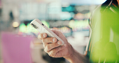 Buy stock photo Business, hands and man in workplace, smartphone and message to contact, media agency and scroll. Closeup, journalist and person with cellphone, email and digital app with online review for article