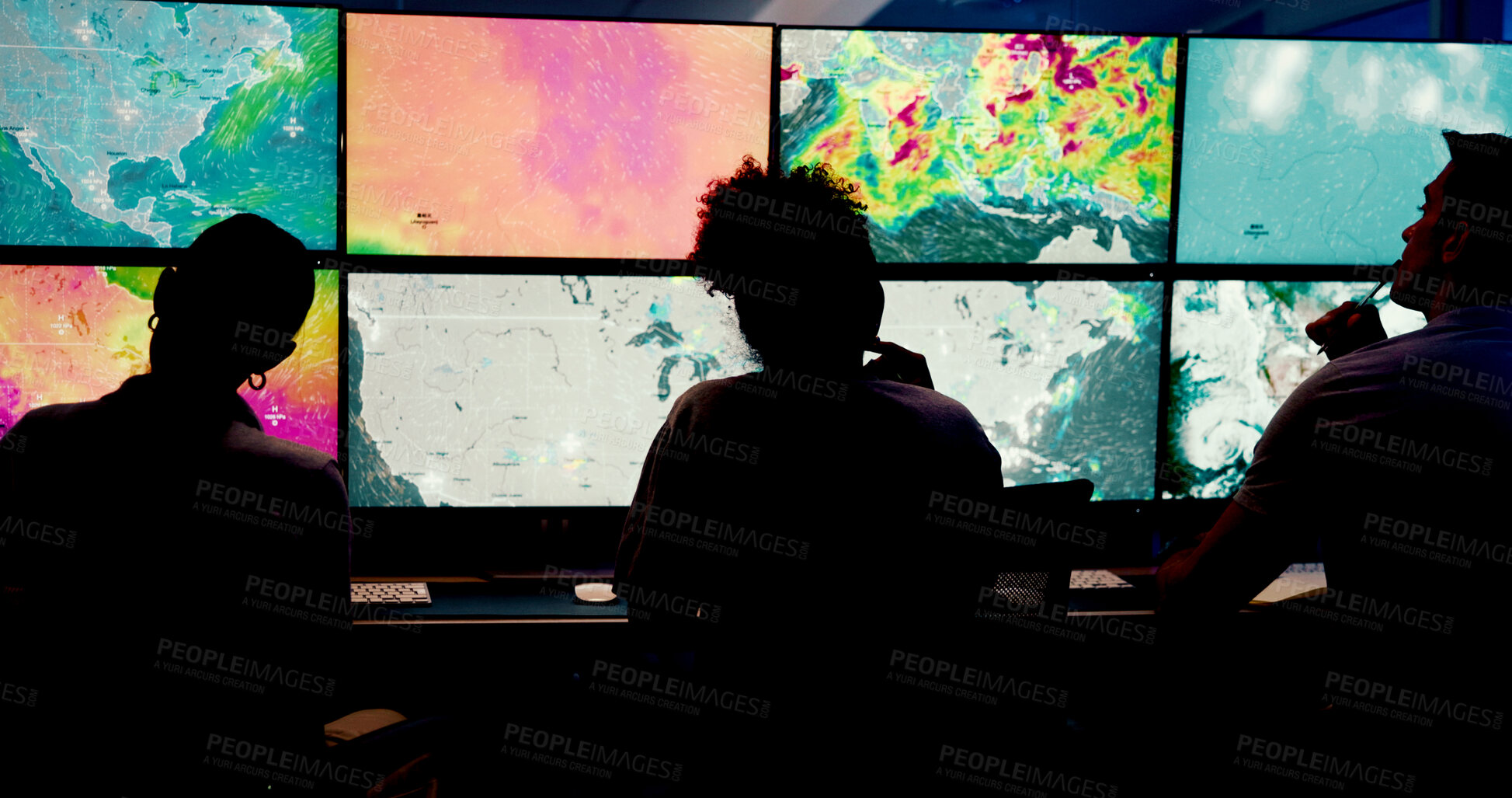 Buy stock photo People, screen or monitor with weather for forecast, satellite maps or teamwork to track storm. Control room, back or scientists with meteorology for broadcast news, report or climate change at night