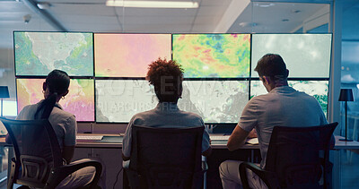 Buy stock photo Weather, screen and meteorology with people for forecast, satellite maps or teamwork to track storm. Control room, back or scientists with monitor for broadcast news, pattern review or climate change