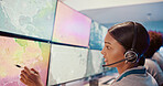 Computer, screen or woman with microphone in control room for weather tracking, satellite maps or storm forecast. Meteorology, person or pointing to radar display for climate change or system monitor
